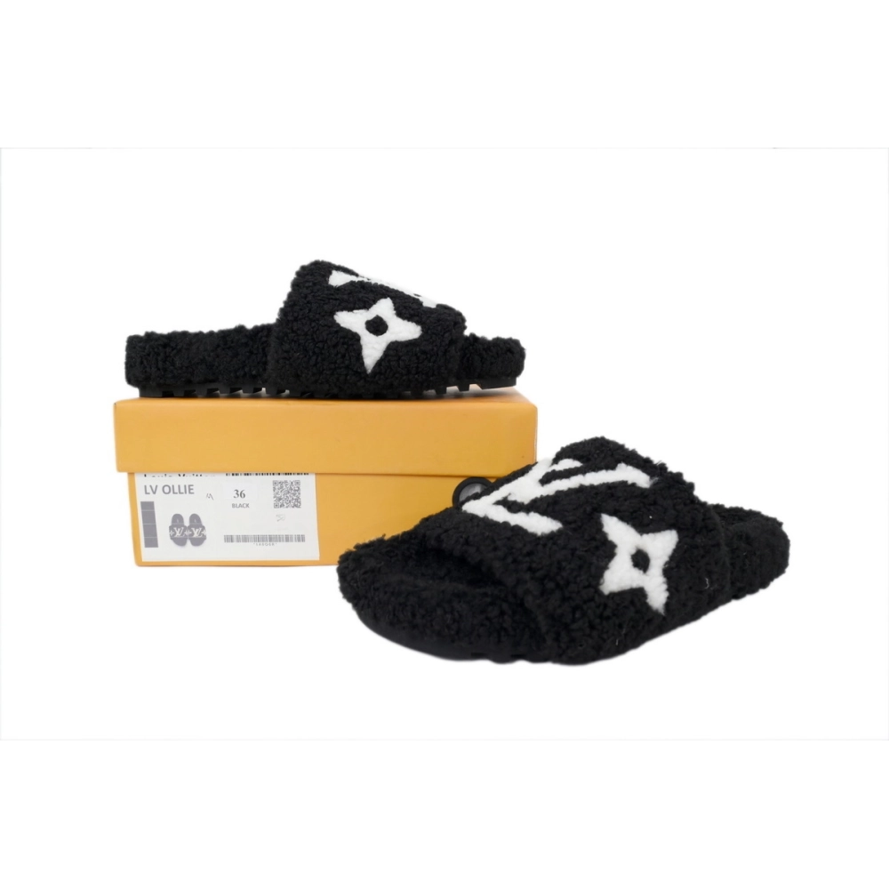 Louis Vuitton Bom Dia Shearling Flate Slippers Black