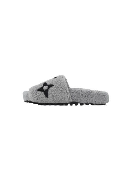 Louis Vuitton Bom Dia Shearling Flate Slippers Dark Gray