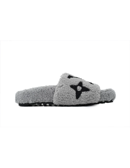 Louis Vuitton Bom Dia Shearling Flate Slippers Dark Gray
