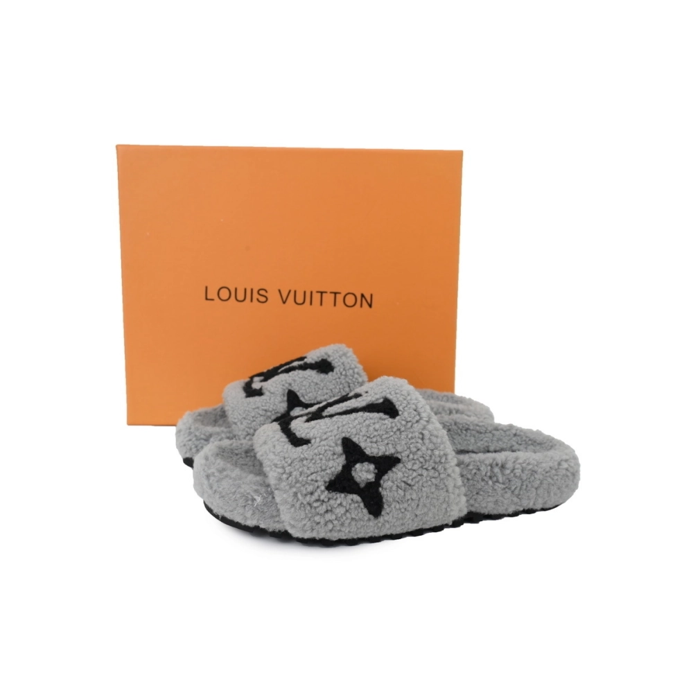 Louis Vuitton Bom Dia Shearling Flate Slippers Dark Gray