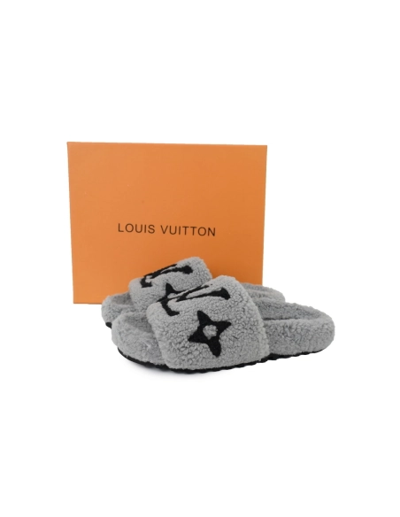 Louis Vuitton Bom Dia Shearling Flate Slippers Dark Gray