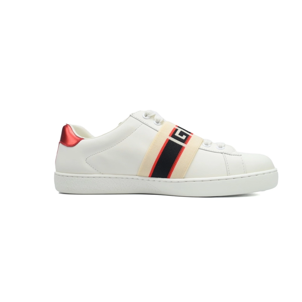 Gucci Calfskin Stripe Ace Leather Sneakers Low Top White Red