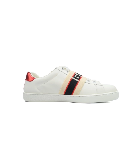 Gucci Calfskin Stripe Ace Leather Sneakers Low Top White Red