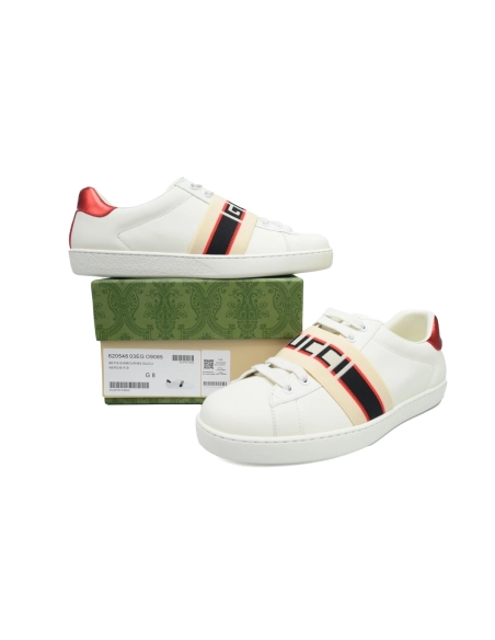 Gucci Calfskin Stripe Ace Leather Sneakers Low Top White Red