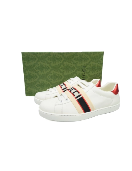 Gucci Calfskin Stripe Ace Leather Sneakers Low Top White Red