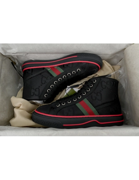 Gucci Tennis 1977 High Top Sneakers Denim Mini GG Ribbon Black