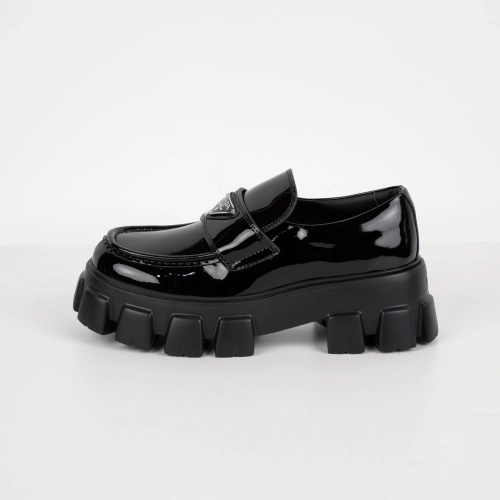 Prada Monolith Triangle Logo Leather Platform Loafers Black