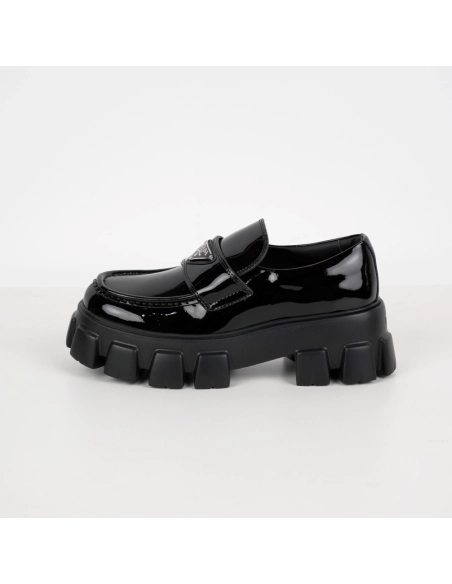 Prada Monolith Triangle Logo Leather Platform Loafers Black
