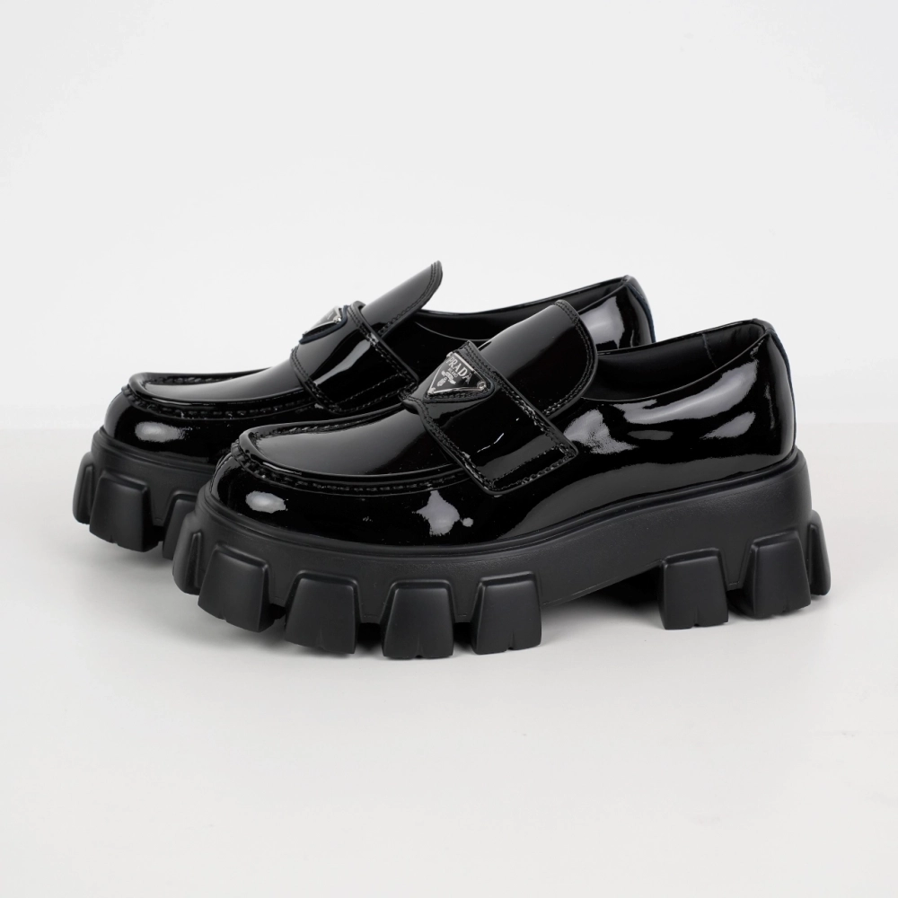 Prada Monolith Triangle Logo Leather Platform Loafers Black
