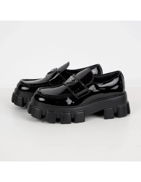 Prada Monolith Triangle Logo Leather Platform Loafers Black