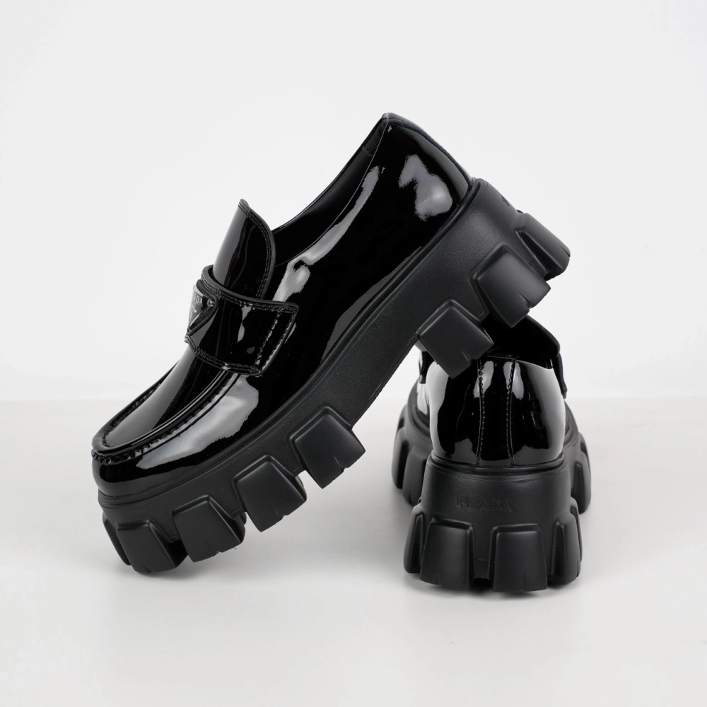 Prada Monolith Triangle Logo Leather Platform Loafers Black