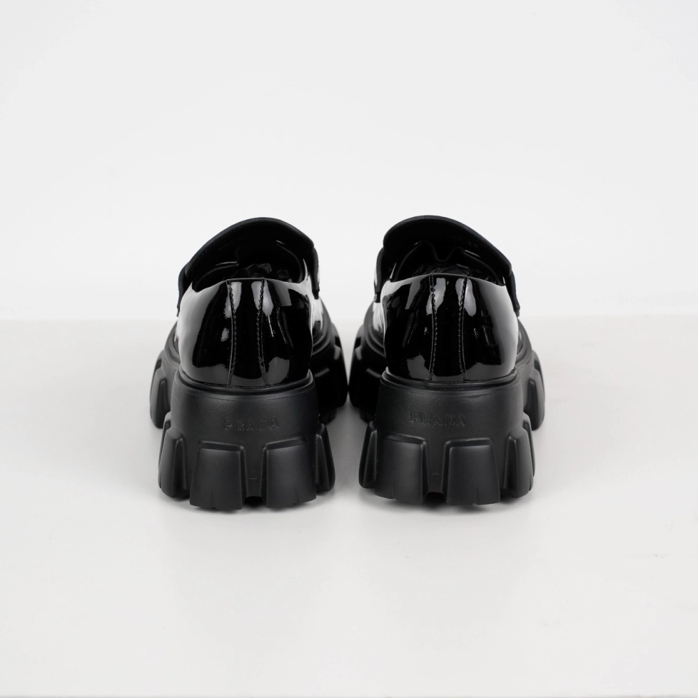 Prada Monolith Triangle Logo Leather Platform Loafers Black