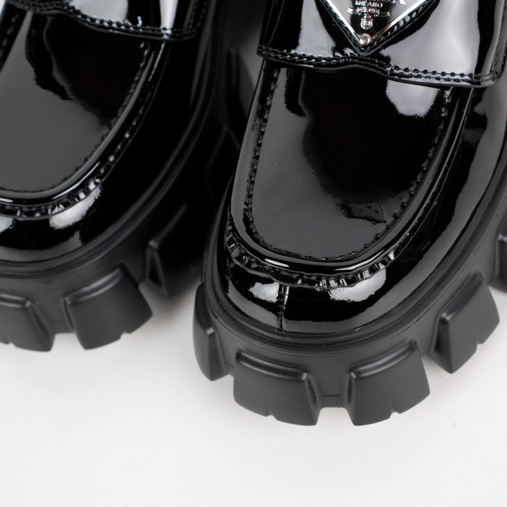 Prada Monolith Triangle Logo Leather Platform Loafers Black