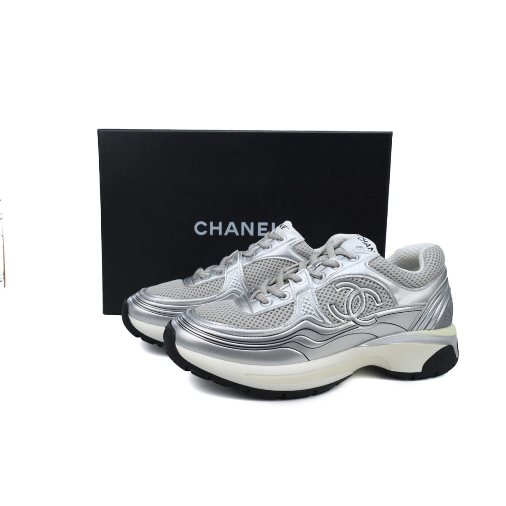 Chanel Fabric Laminated Low Top Sneakers Silver G39792 Y56368 K5452
