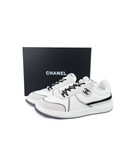 Chanel Suede Calfskin White Light Grey Low Top Sneakers