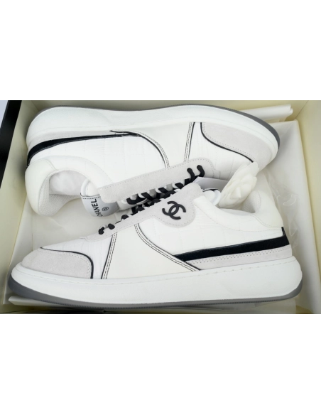 Chanel Suede Calfskin White Light Grey Low Top Sneakers