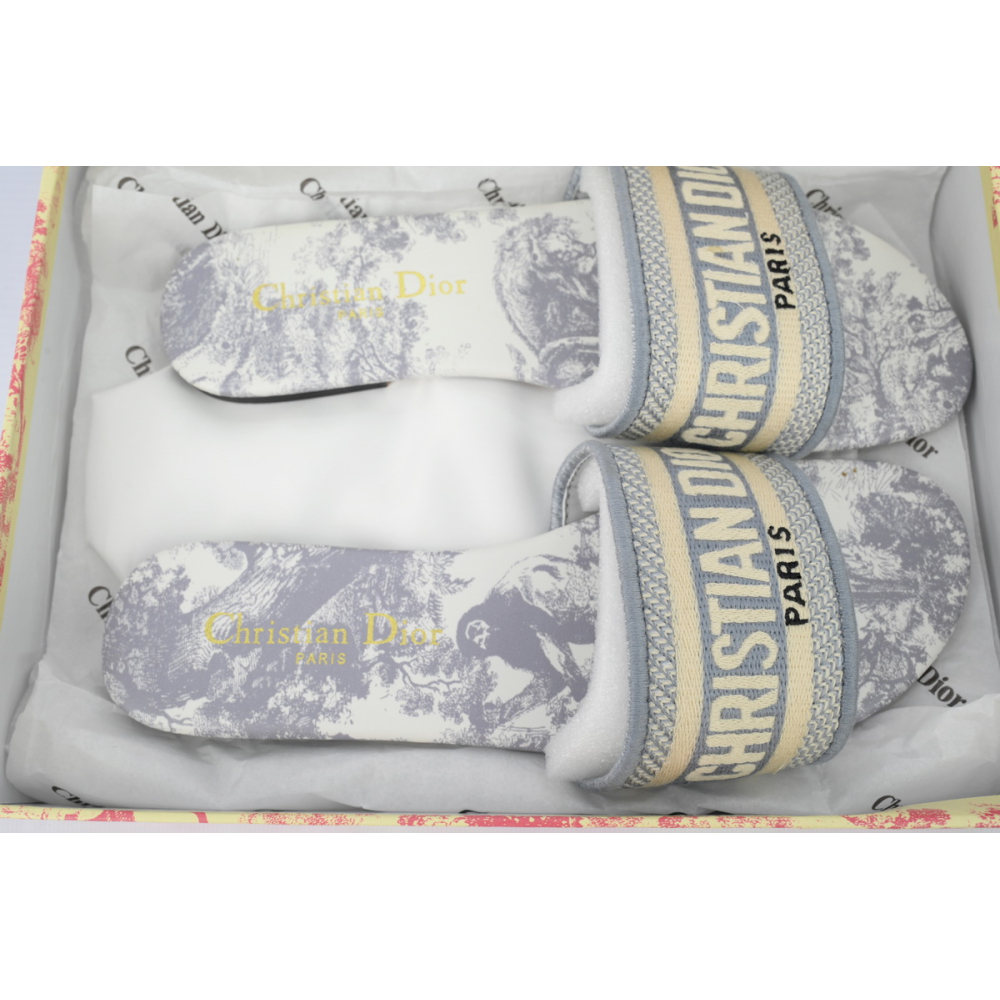 Dior Dway Slide Gray Embroidered Cloth Printed Sandals KCQ209TJE_S21G