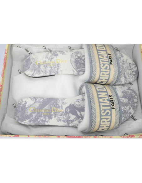 Dior Dway Slide Gray Embroidered Cloth Printed Sandals KCQ209TJE_S21G