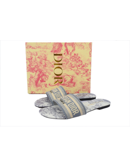 Dior Dway Slide Gray Embroidered Cloth Printed Sandals KCQ209TJE_S21G