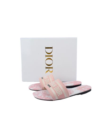 Dior Dway Slide Pink Embroidered Cotton Cloth Printed Sandals