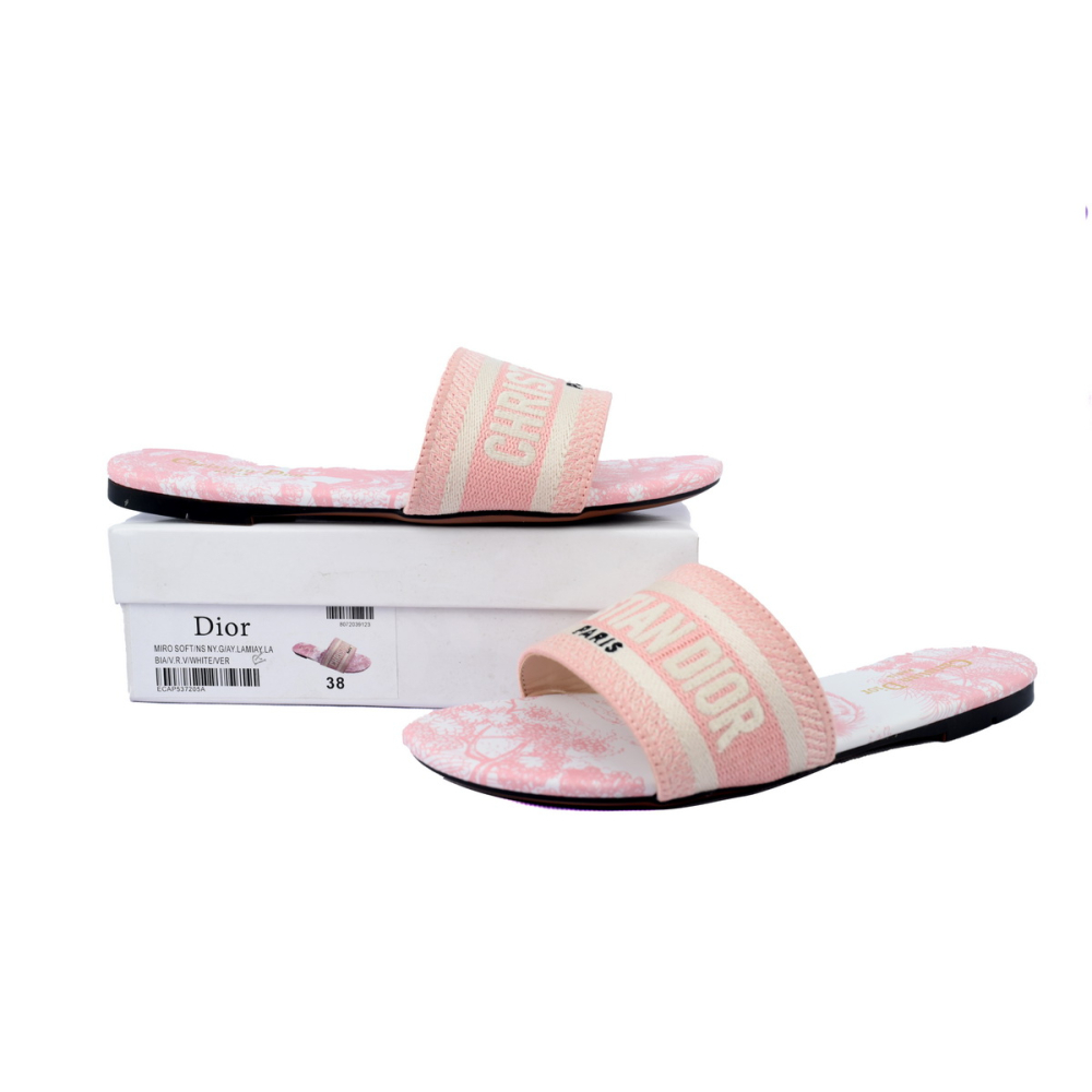 Dior Dway Slide Pink Embroidered Cotton Cloth Printed Sandals