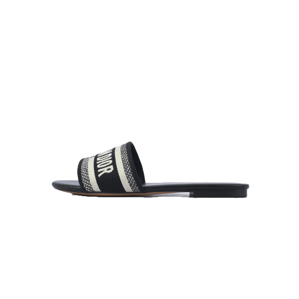 Dior Dway Black Oblique / Beige Cotton Sandal Flat