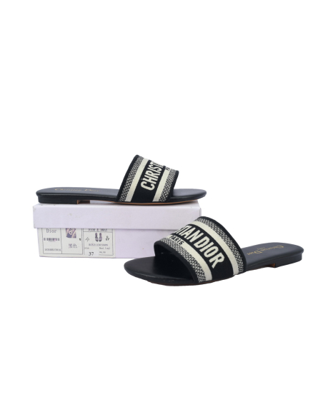 Dior Dway Black Oblique / Beige Cotton Sandal Flat