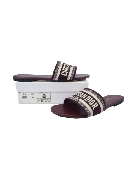 Dior Dway Slide Burgundy Cotton Embroidered Sandals
