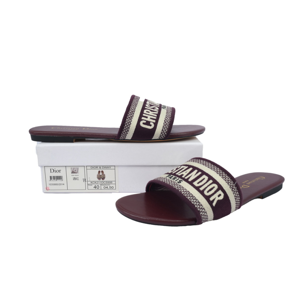 Dior Dway Slide Burgundy Cotton Embroidered Sandals