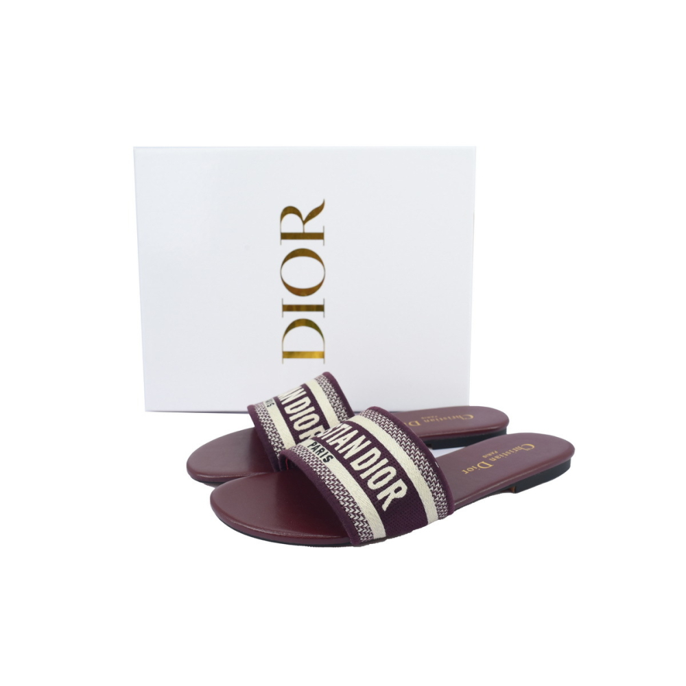 Dior Dway Slide Burgundy Cotton Embroidered Sandals