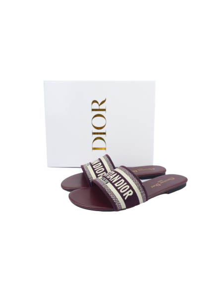 Dior Dway Slide Burgundy Cotton Embroidered Sandals