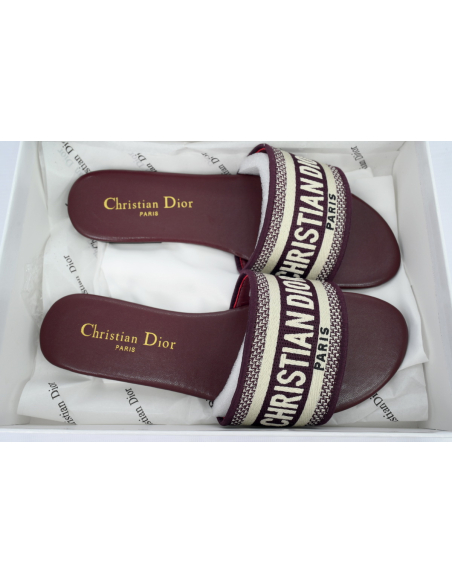Dior Dway Slide Burgundy Cotton Embroidered Sandals