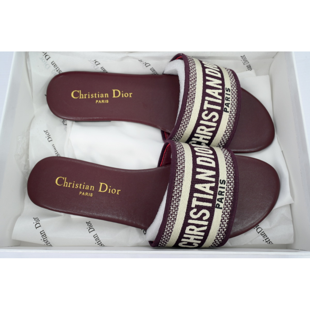 Dior Dway Slide Burgundy Cotton Embroidered Sandals