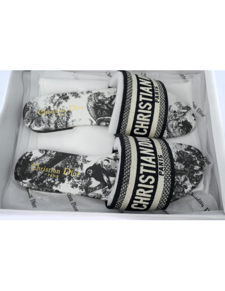 Dior Dway Slide Cloth Printed Sandals Black