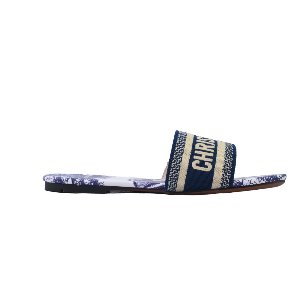Dior Dway Slide Cloth Printed Sandals Deep Blue KCQ209TSZ_S68B