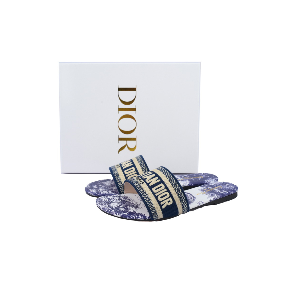 Dior Dway Slide Cloth Printed Sandals Deep Blue KCQ209TSZ_S68B