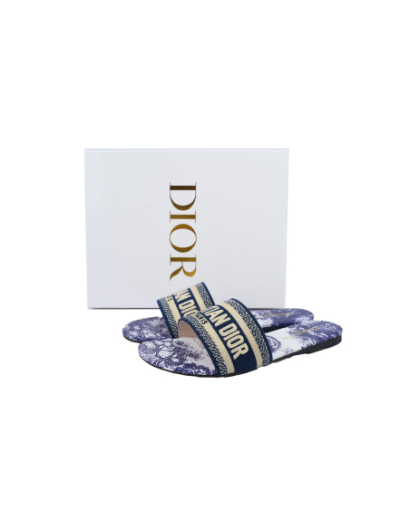 Dior Dway Slide Cloth Printed Sandals Deep Blue KCQ209TSZ_S68B