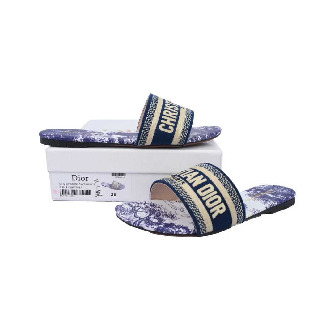 Dior Dway Slide Cloth Printed Sandals Deep Blue KCQ209TSZ_S68B