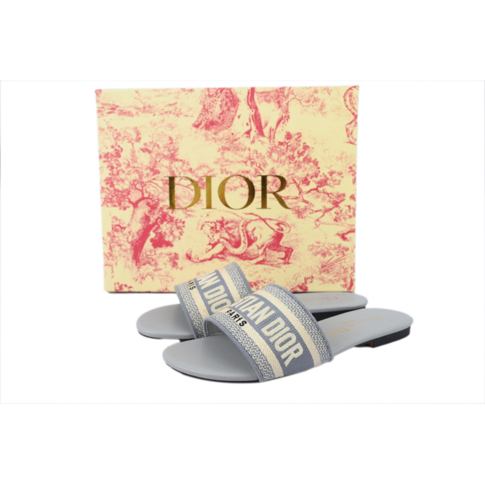 Dior Dway Slide Cotton Embroidered Sandals Gray