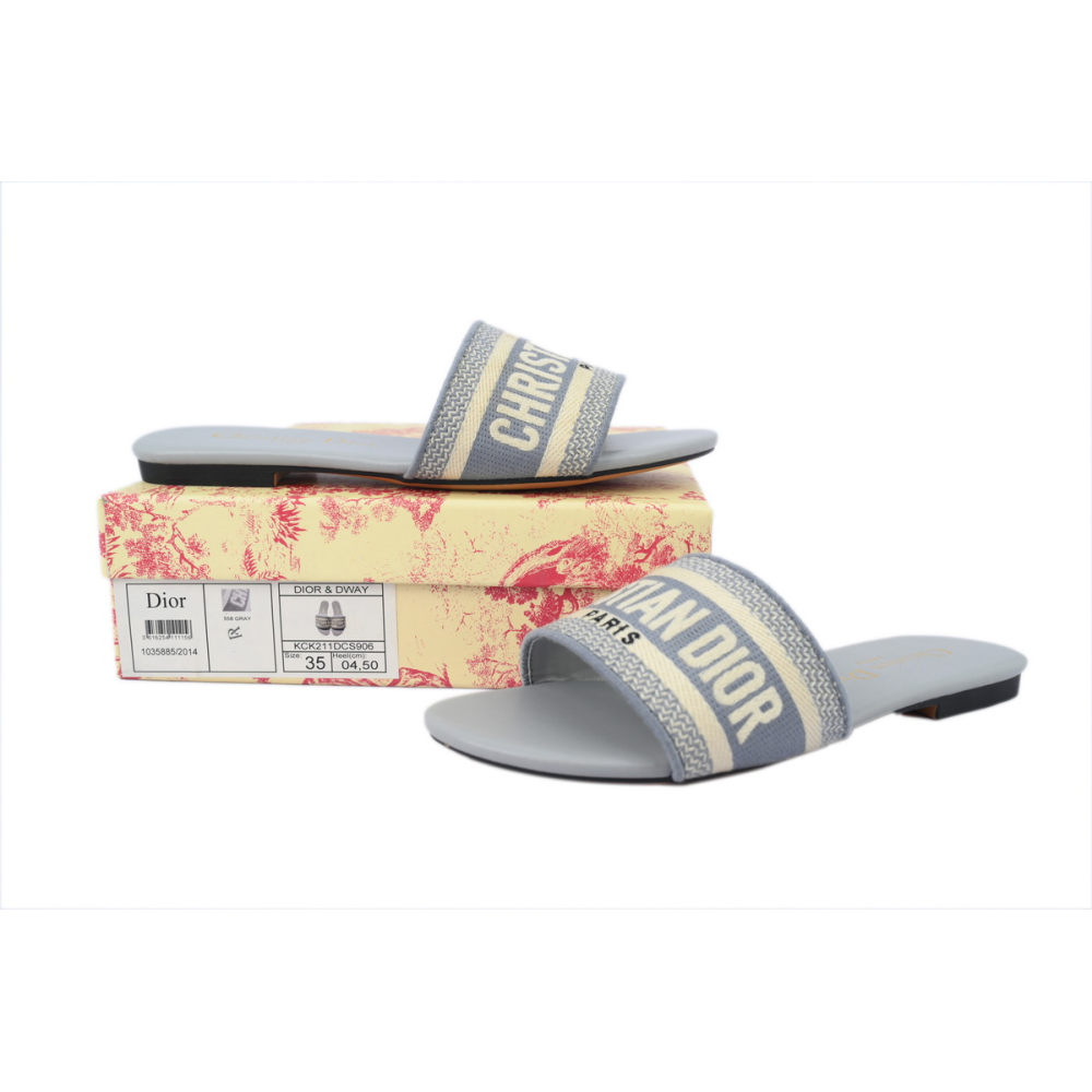 Dior Dway Slide Cotton Embroidered Sandals Gray