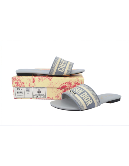 Dior Dway Slide Cotton Embroidered Sandals Gray