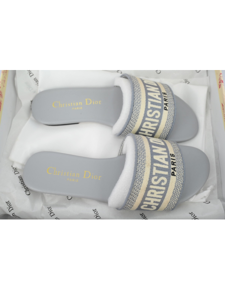 Dior Dway Slide Cotton Embroidered Sandals Gray