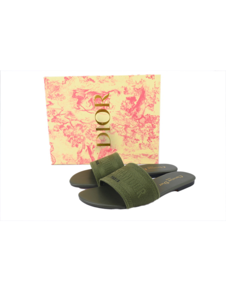 Dior Dway Slide Dark Green Embroidered Cotton