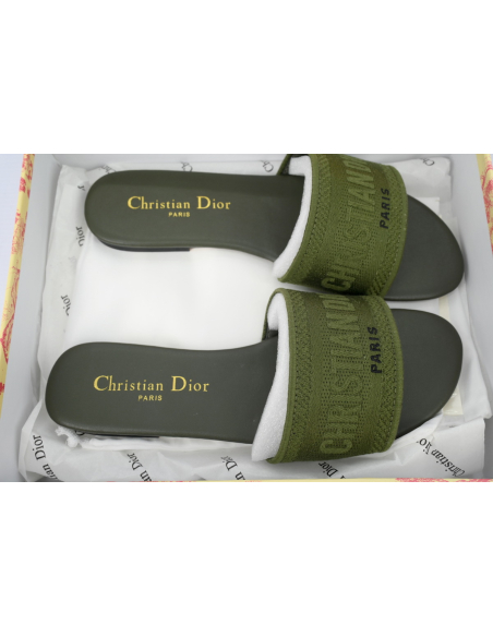Dior Dway Slide Dark Green Embroidered Cotton