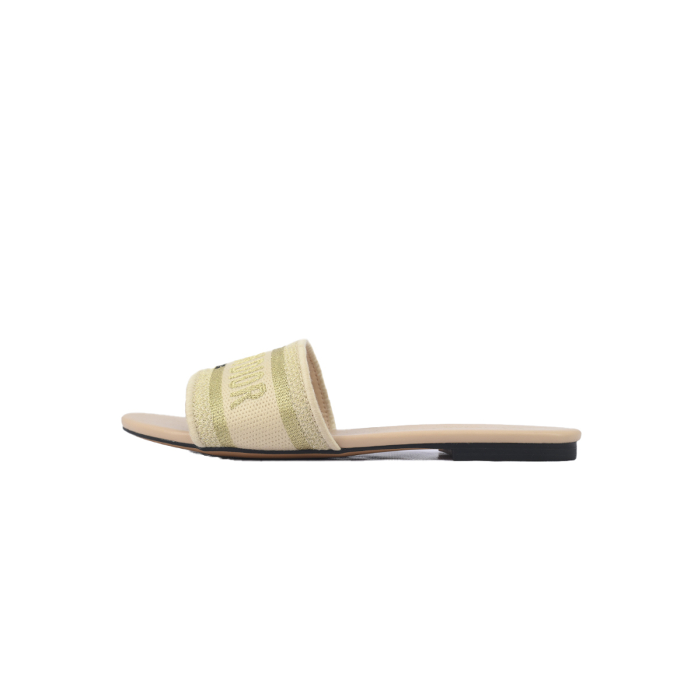 Dior Dway Slide Natural Raffia and White Embroidered Cotton Apricot Gold