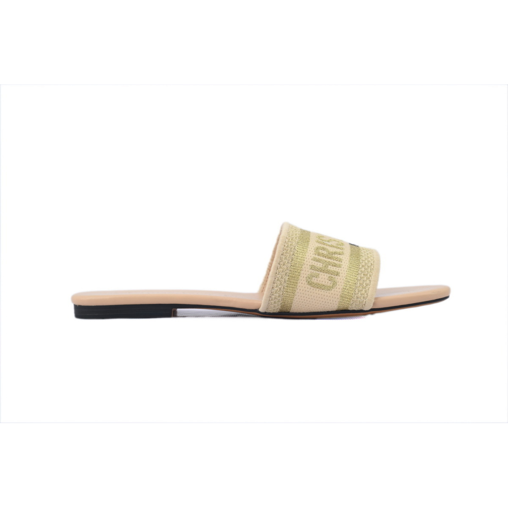 Dior Dway Slide Natural Raffia and White Embroidered Cotton Apricot Gold
