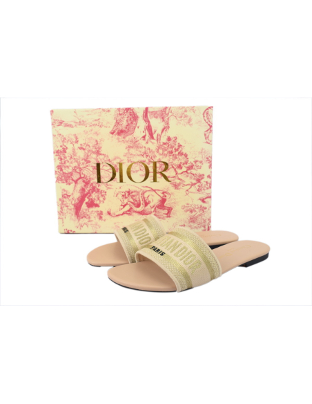 Dior Dway Slide Natural Raffia and White Embroidered Cotton Apricot Gold