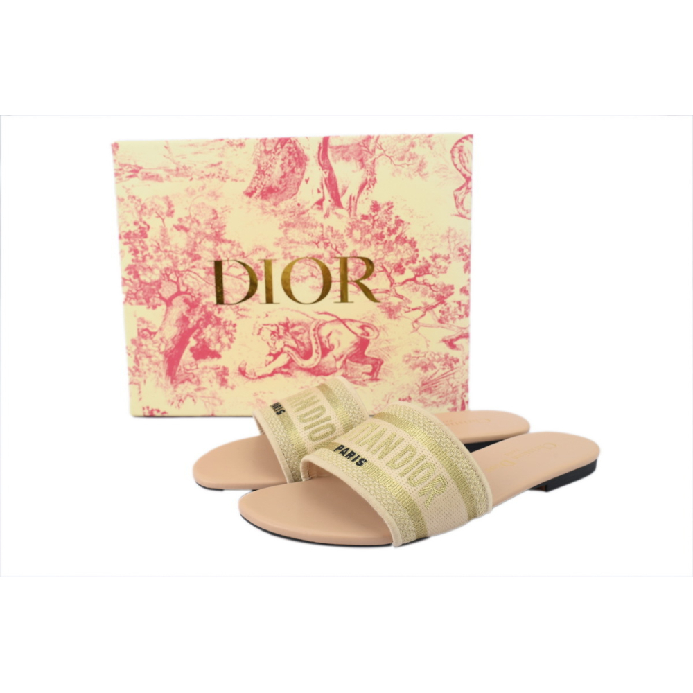 Dior Dway Slide Natural Raffia and White Embroidered Cotton Apricot Gold