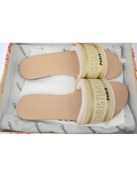 Dior Dway Slide Natural Raffia and White Embroidered Cotton Apricot Gold
