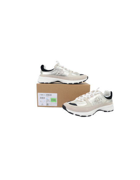 Chanel Interlocking CC Logo Laminated Calfskin Suede Calfskin Sneakers Light Gold, Light Gray Black